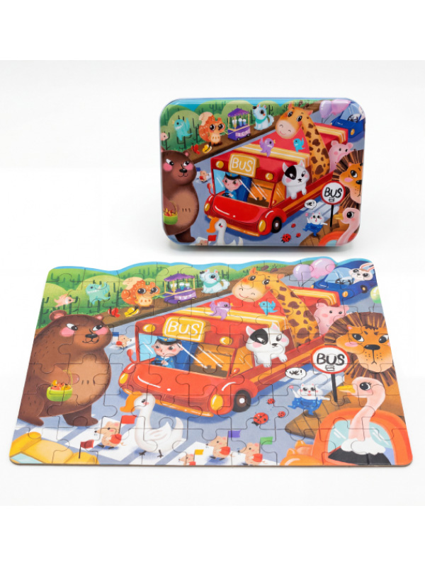 可愛動物校車｜63片拼圖鐵盒