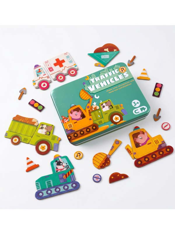 交通工具｜58片磁力拼圖鐵盒